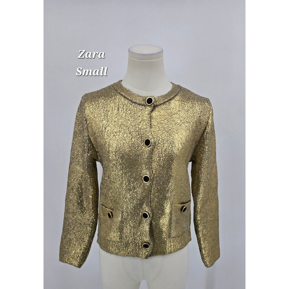 ZARA Foil Knit Cardigan – Metallic‎ Gold Textured Button Front Sweater – Size S